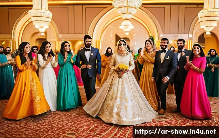 공연기획사의 프로젝트 완료 사례 - **A vibrant and joyful Arabian wedding celebration in a luxury hotel ballroom.** *A diverse group of...