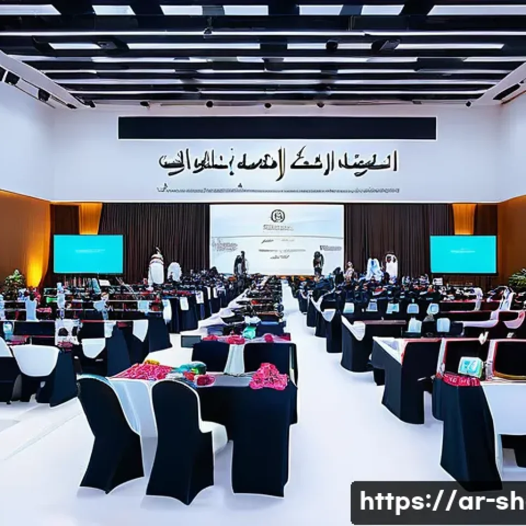 공연기획사의 외국어 능력 필요성 - A vibrant international event scene set in a modern conference hall decorated with Arabic calligraph...