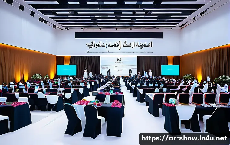 공연기획사의 외국어 능력 필요성 - A vibrant international event scene set in a modern conference hall decorated with Arabic calligraph...