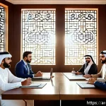 공연기획사에서의 직업 윤리 - A professional event planning meeting scene set in a modern office with Middle Eastern decor element...