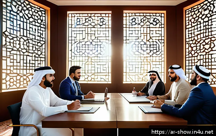 공연기획사에서의 직업 윤리 - A professional event planning meeting scene set in a modern office with Middle Eastern decor element...