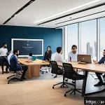 공연기획사에서의 인재상 - A modern, vibrant office environment in a Middle Eastern corporate setting, showing a diverse group ...