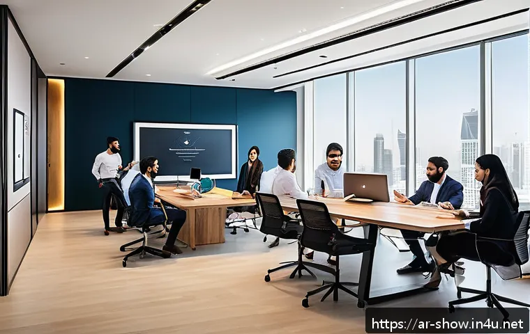 공연기획사에서의 인재상 - A modern, vibrant office environment in a Middle Eastern corporate setting, showing a diverse group ...