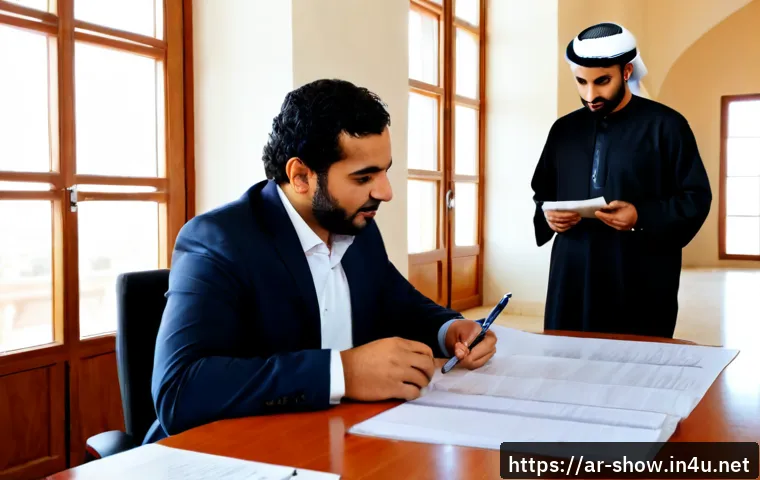공연기획사의 계약서 작성 팁 - Photorealistic professional meeting in a modern Gulf-region performing arts office, an Arab event pl...
